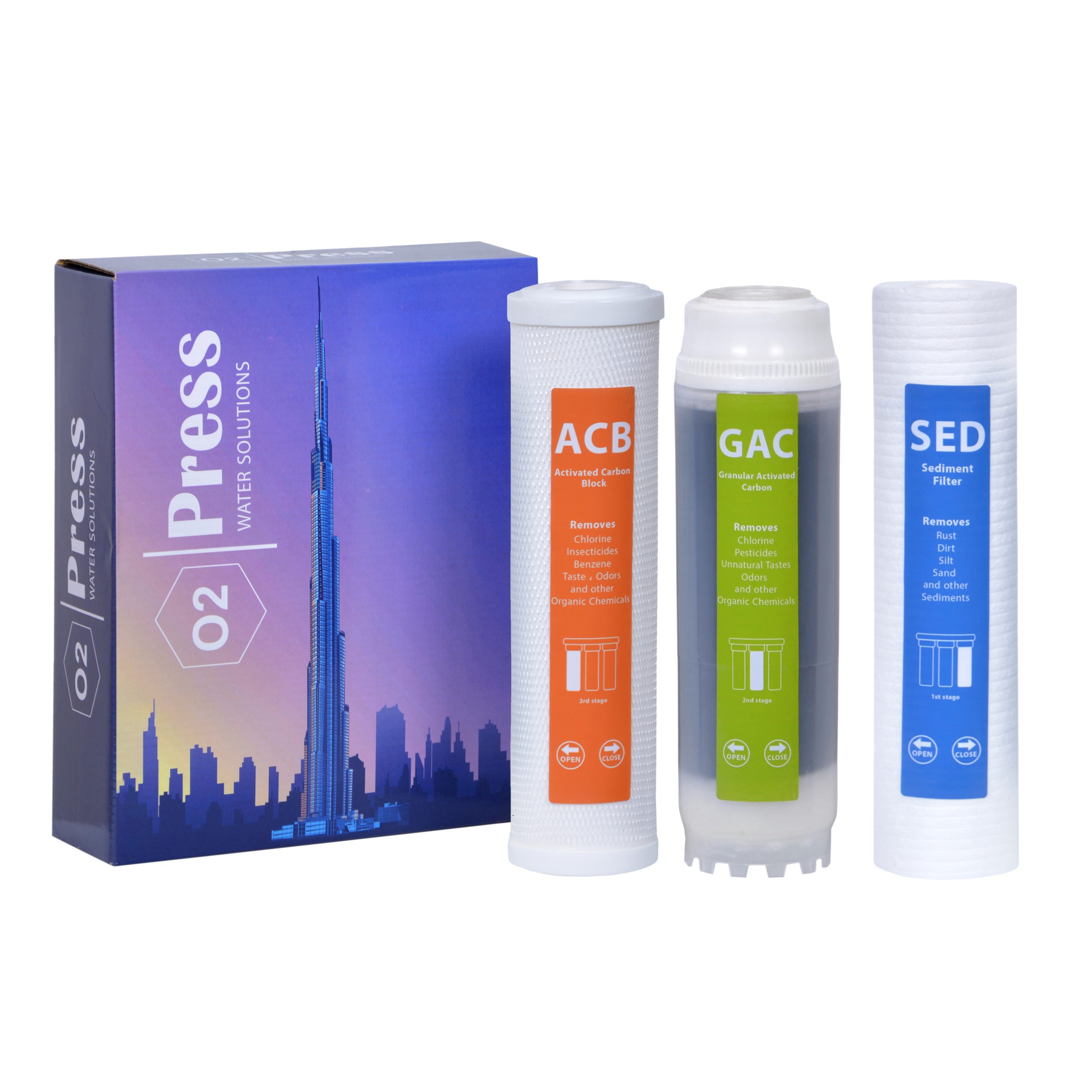 O2Press new UAE design Under sink Water Purifier Filter Pack Model O2P-F3N Set of 3pcs